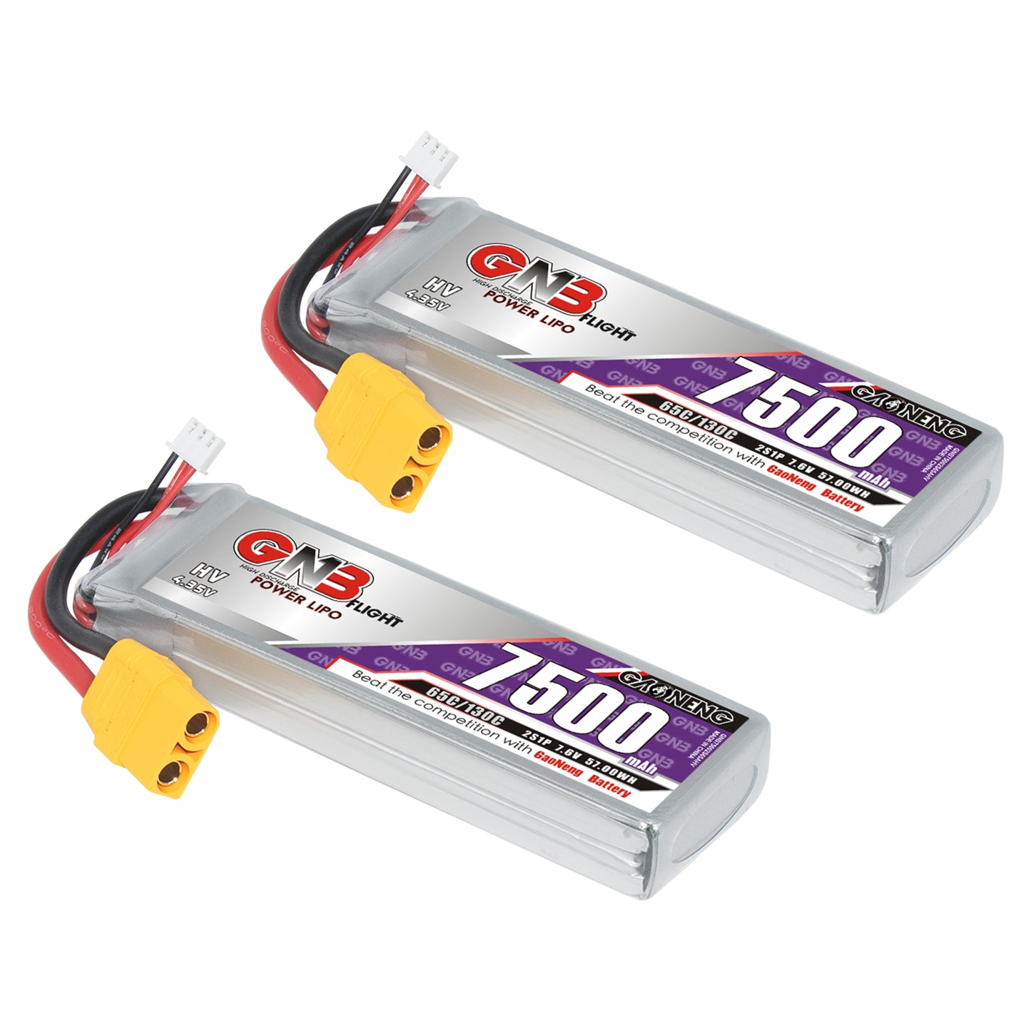 Two GAONENG GNB 7500mAh HV 2S LiPo batteries with XT90 connectors, angled view
