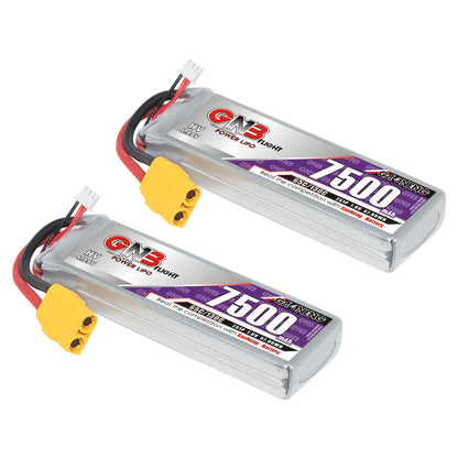 Two GAONENG GNB 7500mAh HV 2S LiPo batteries with XT90 connectors, angled view