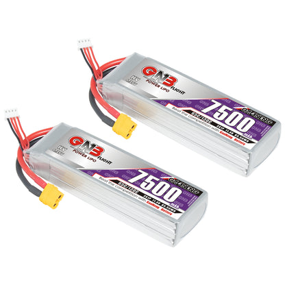 Two GNB 7500mAh 3S LiHV LiPo batteries shown with yellow XT60 connectors and balance plugs