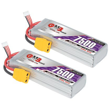 Two GNB 7500mAh LiHV LiPo batteries with yellow XT90 connectors and balance leads, twin pack display