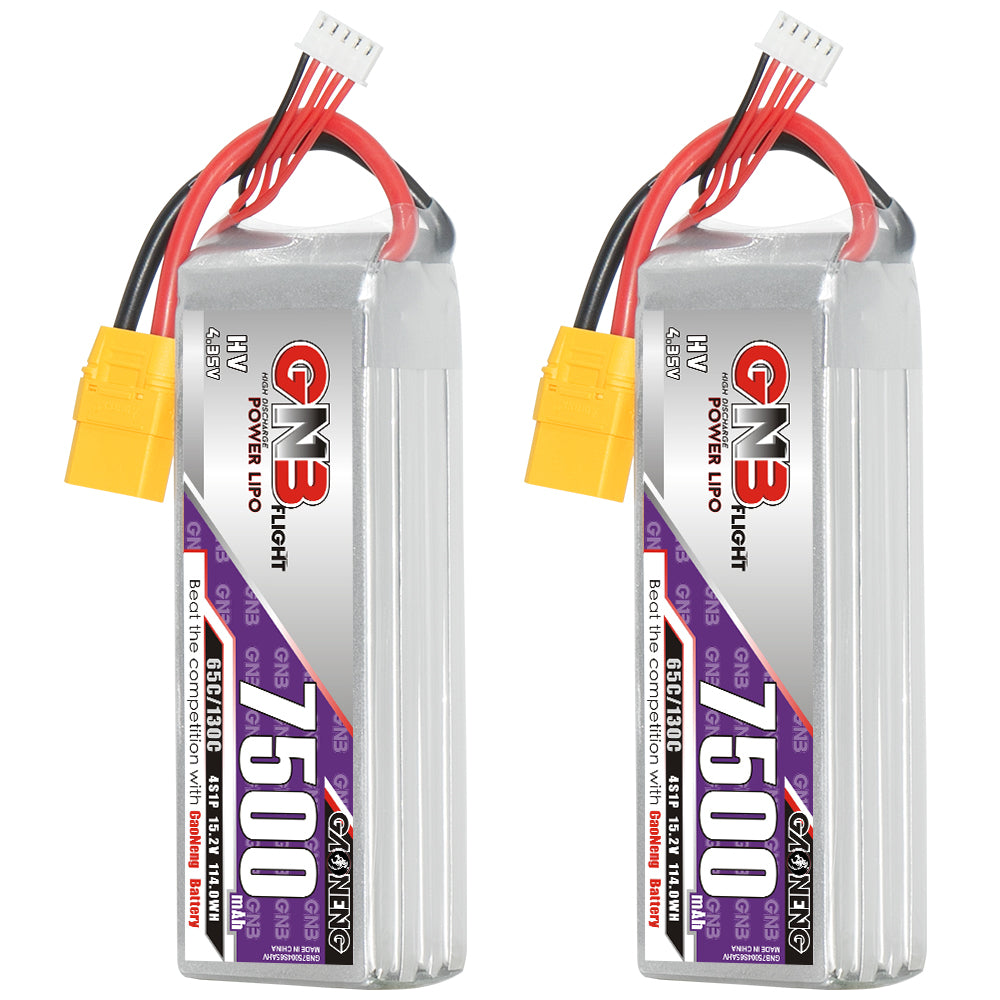 Two GAONENG GNB 7500mAh 4S LiHV LiPo batteries shown upright with XT90 leads