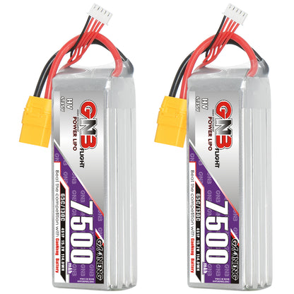 Two GAONENG GNB 7500mAh 4S LiHV LiPo batteries shown upright with XT90 leads