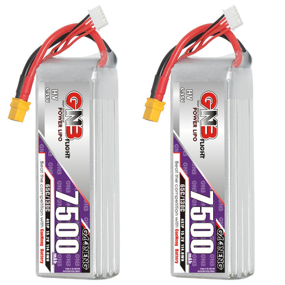 Two angle views of GNB 4S 7500mAh HV LiPo pack showing front label and wire exit
