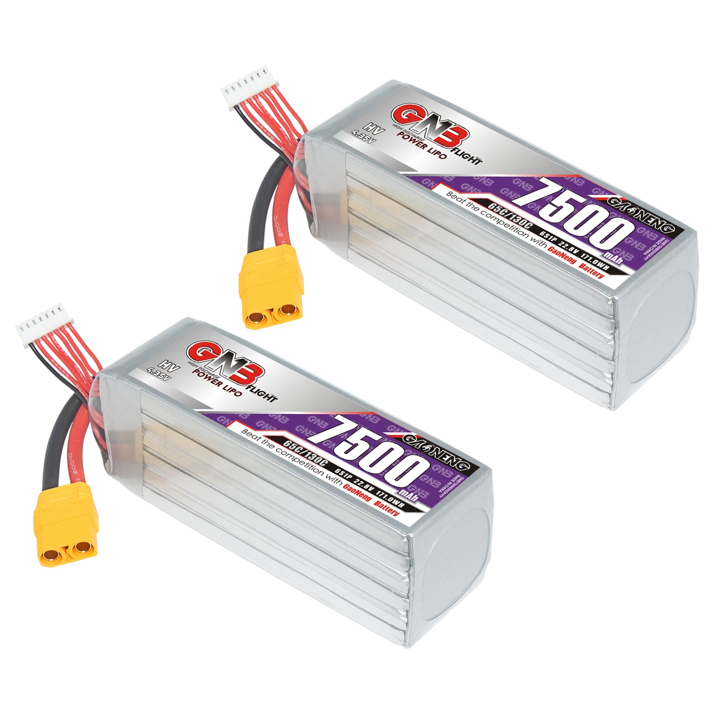 Pair of GAONENG GNB 7500mAh 6S LiHV LiPo batteries with XT90 connectors, two-pack display