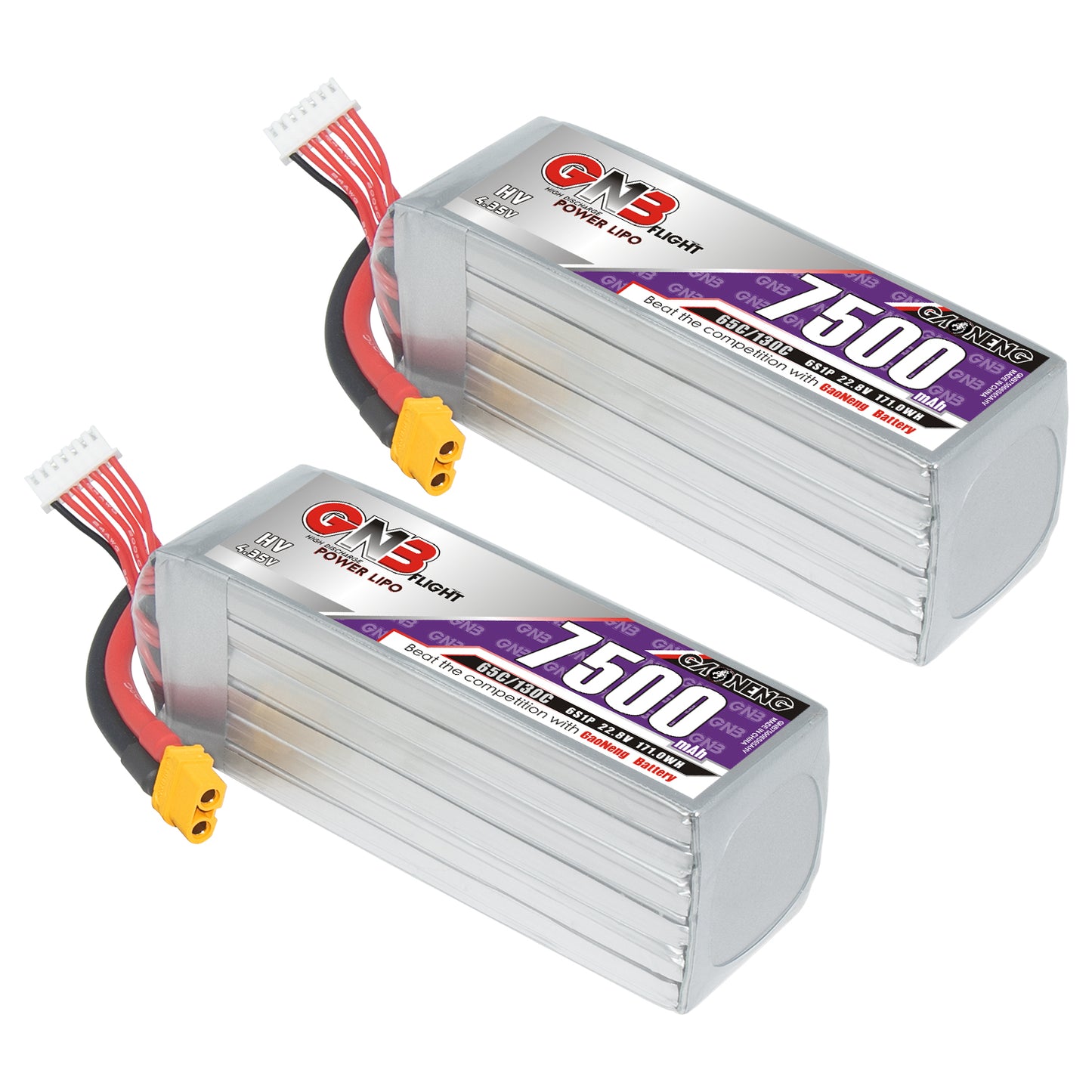 Two GNB 6S 7500mAh LiHV LiPo batteries with XT60 connectors, pair pack display