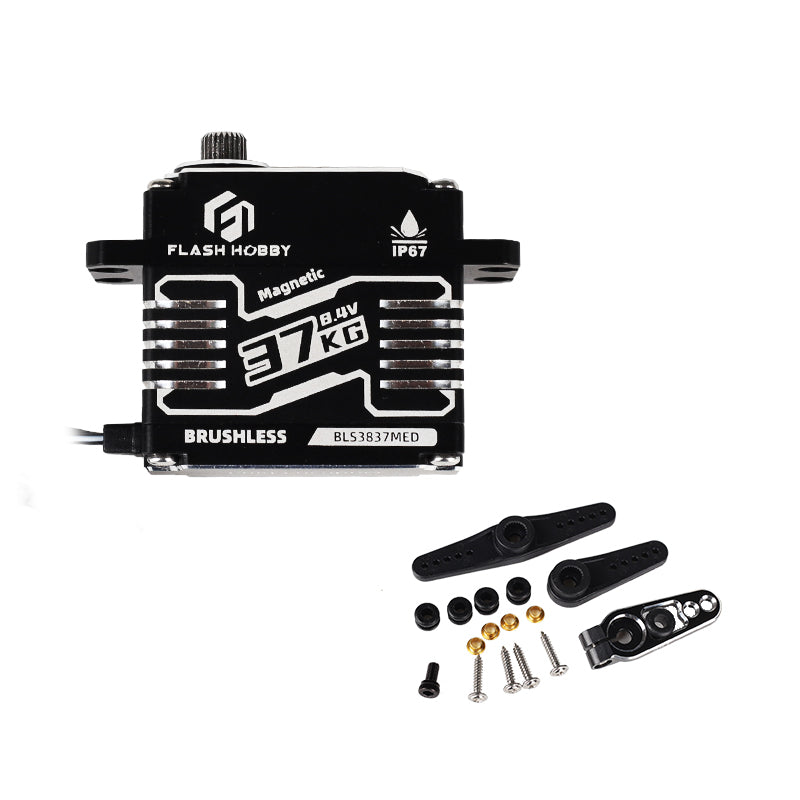 Flashhobby BLS3837MED Servo, Flashhobby BLS3837MED brushless servo with IP67 marking, 97KG 8.4V label, and included servo horns and screws