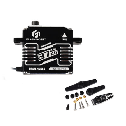 Flashhobby BLS3837MED Servo, Flashhobby BLS3837MED brushless servo with IP67 marking, 97KG 8.4V label, and included servo horns and screws