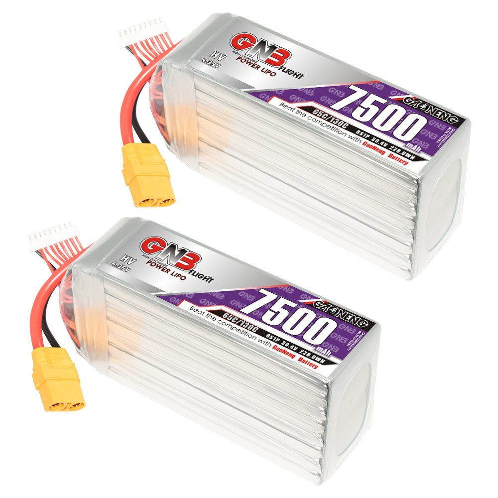 Two GNB HV 8S 7500mAh LiHV LiPo batteries shown side by side with XT90 leads