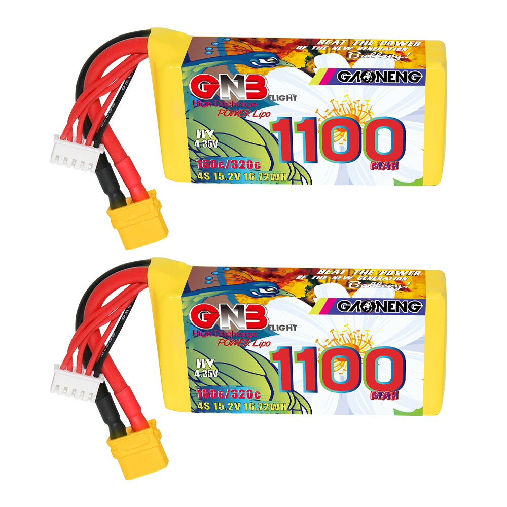 Two GNB 4S 1100mAh 160C LiHV packs shown side by side with XT60 and balance plugs