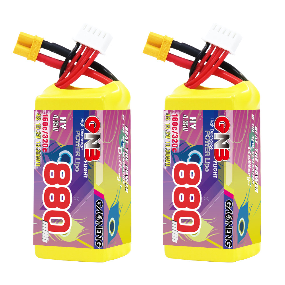 GNB 880mAh 4S 15.2V LiHV 160C XT30 LiPo battery, twin pack front view with balance lead
