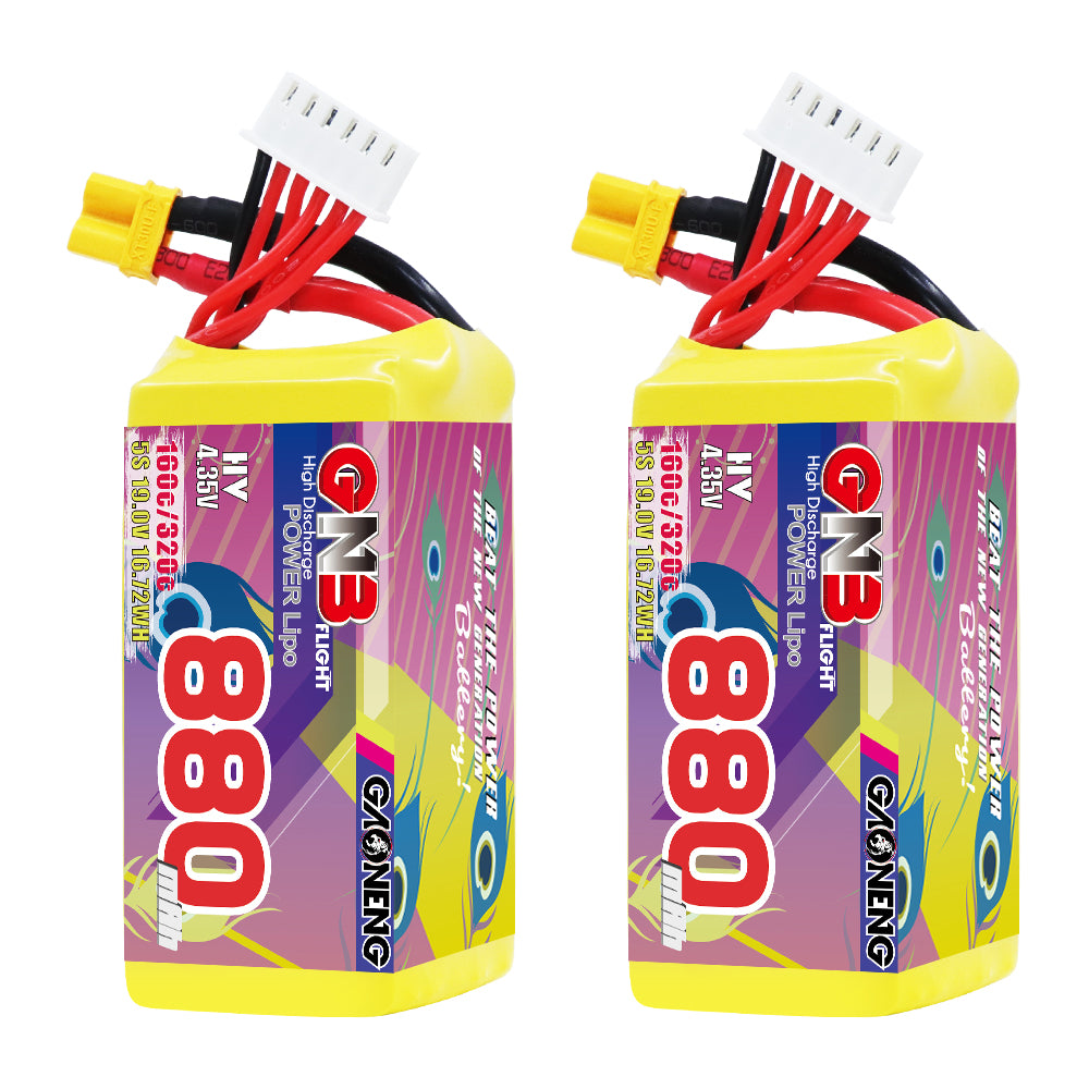 GAONENG GNB880 5S 880mAh LiHV 19.0V 160C XT30 battery, two-pack front label view