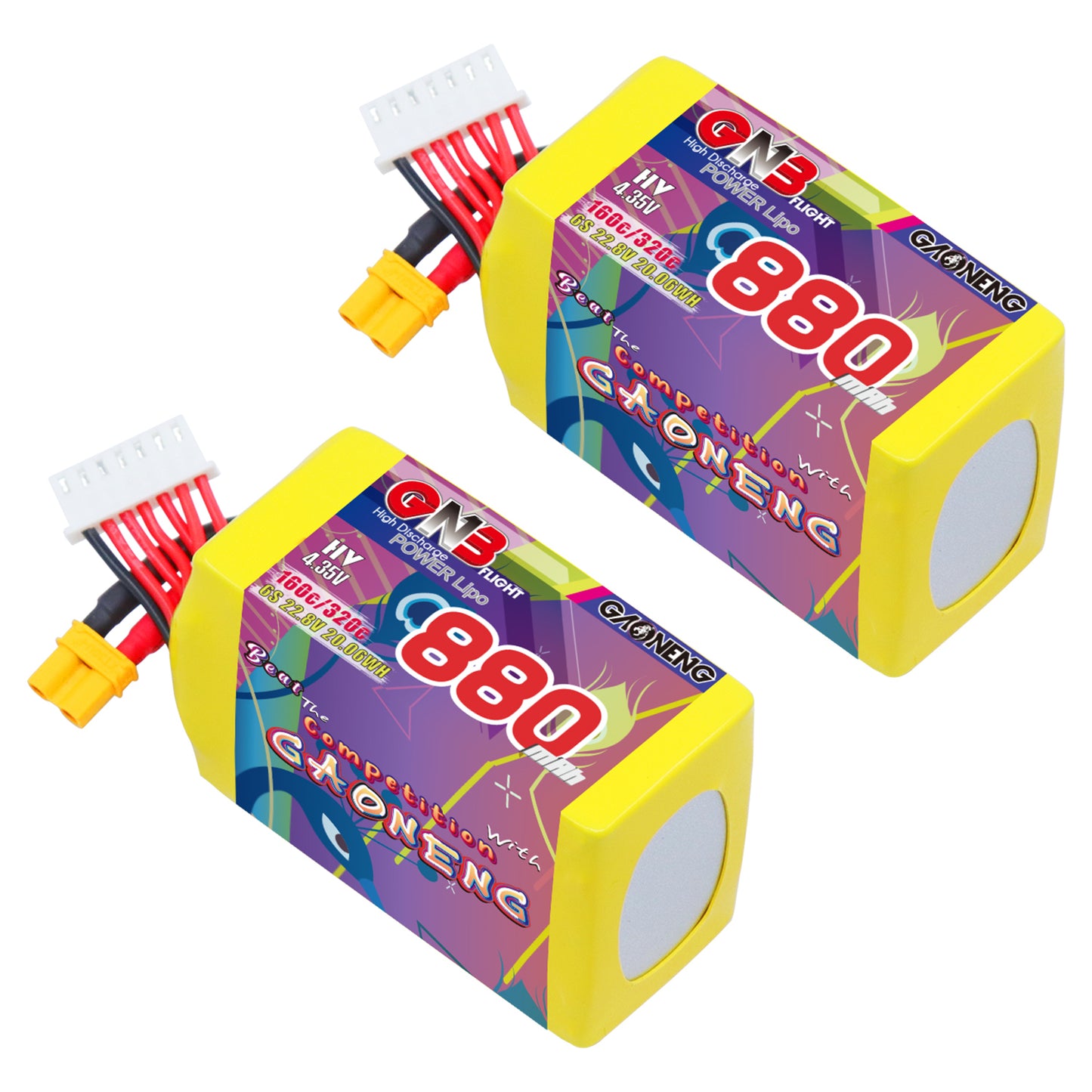 GAONENG GNB 6S 880mAh LiHV FPV drone battery with XT30 plug and balance lead, angled view