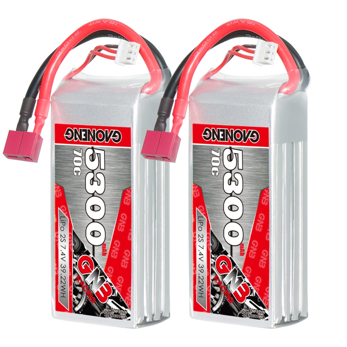 Two GAONENG GNB 5300mAh 70C 2S LiPo batteries shown side by side with T-plug connectors
