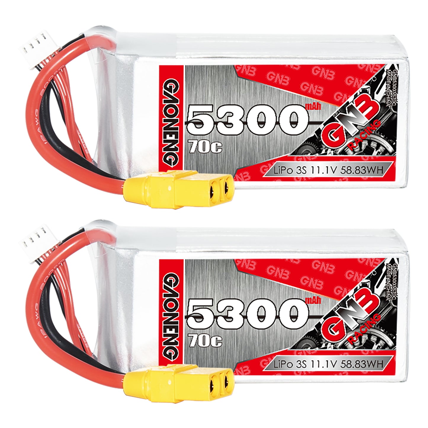 Two GAONENG GNB 5300mAh 70C 3S LiPo packs shown side by side with yellow XT90 plug and balance lead