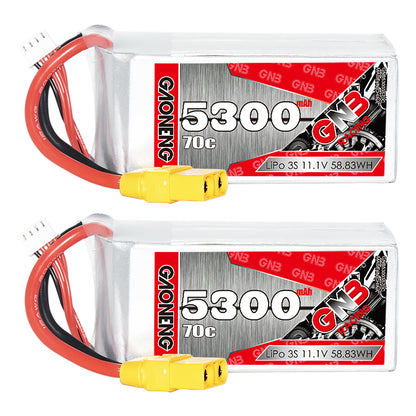 Two GAONENG GNB 5300mAh 70C 3S LiPo packs shown side by side with yellow XT90 plug and balance lead