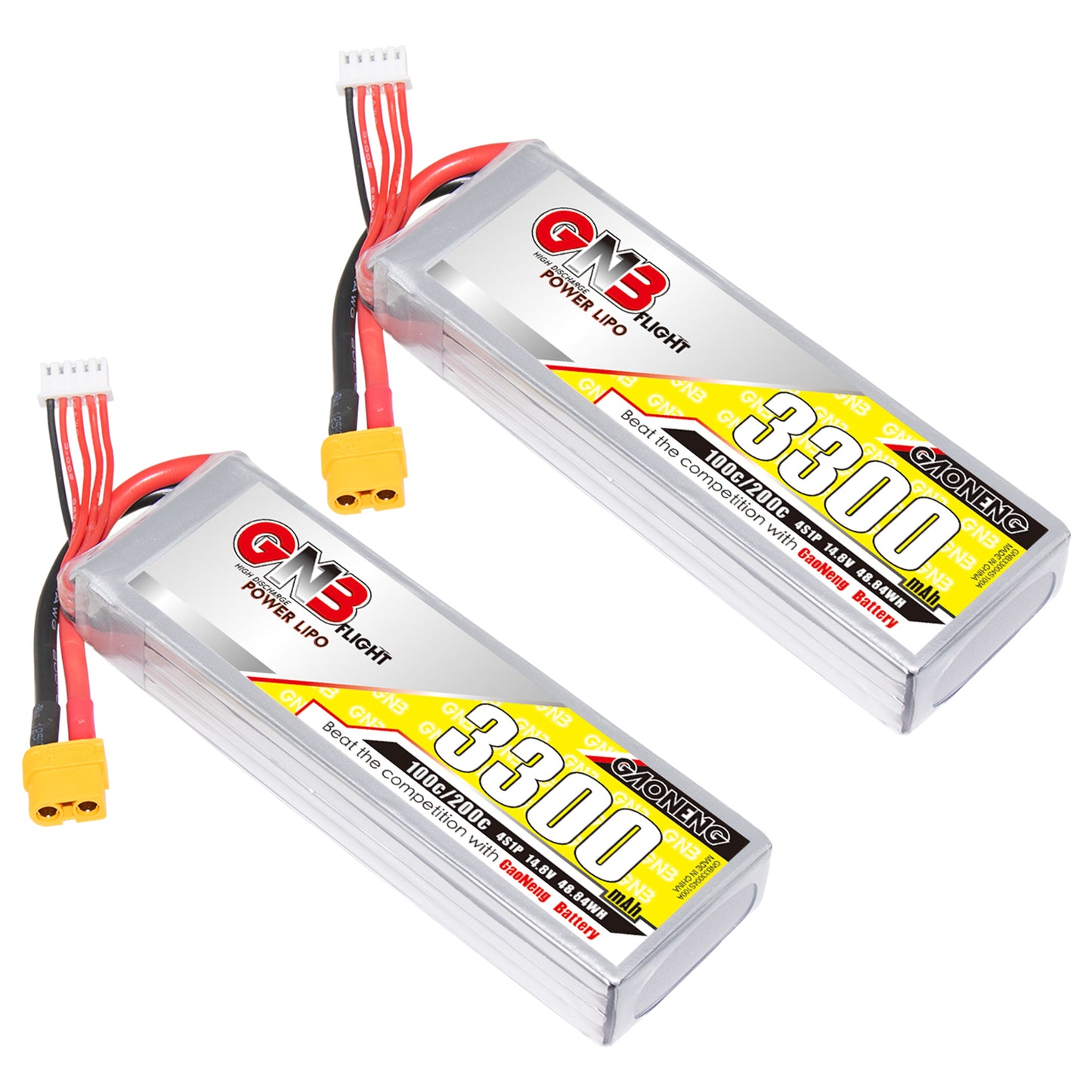 Two GNB 3300mAh 4S LiPo batteries shown at an angle with XT60 connectors and balance leads