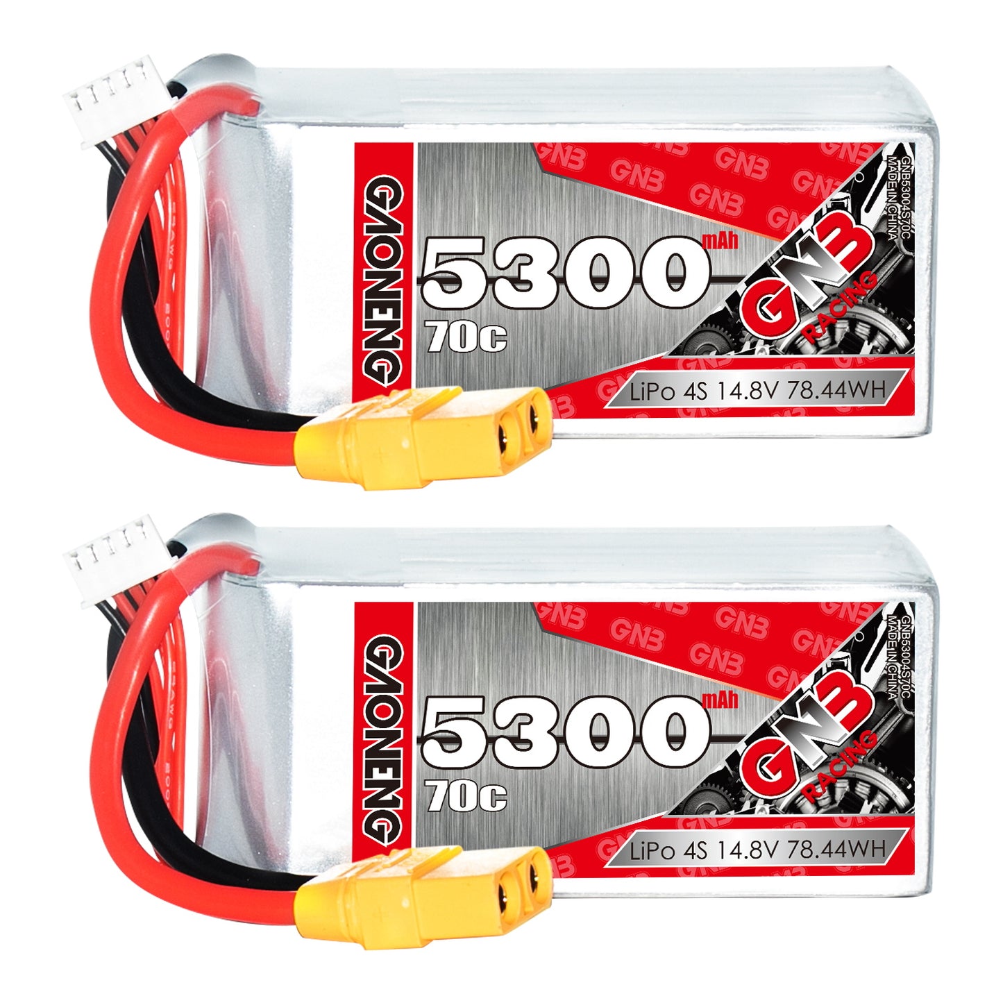 Two GAONENG 5300mAh 70C 4S LiPo batteries with yellow XT90 connectors, side-by-side comparison