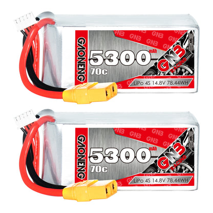 Two GAONENG 5300mAh 70C 4S LiPo batteries with yellow XT90 connectors, side-by-side comparison