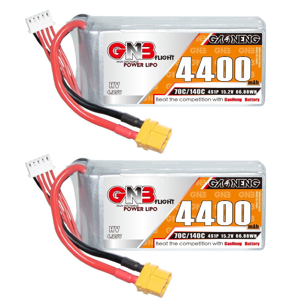 GNB 4400mAh HV 4S LiPo battery shown in two angles with XT60 connector and balance cable