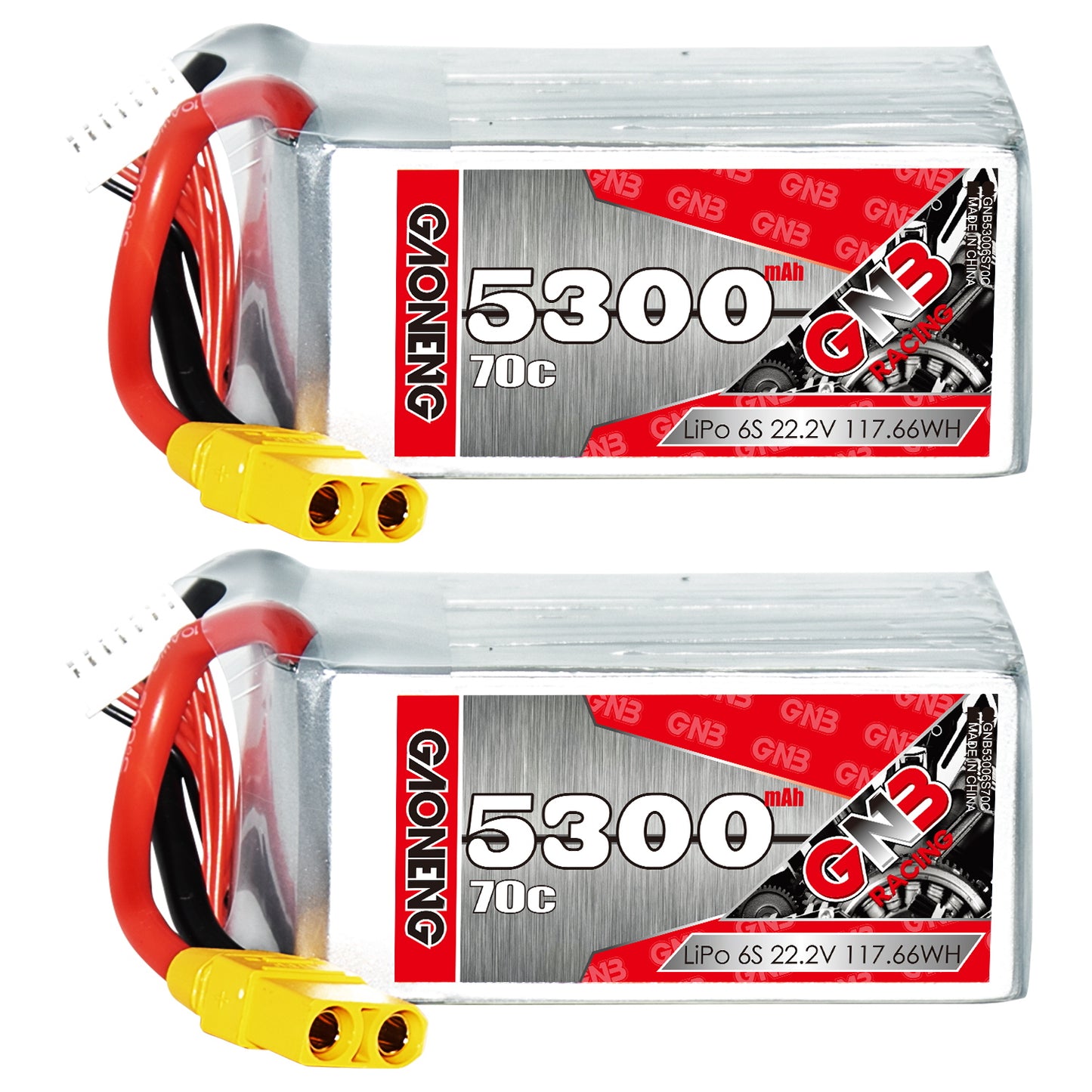 Two GAONENG 5300mAh 70C 6S LiPo batteries shown side-by-side with label and XT90 connectors