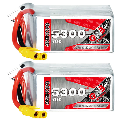 Two GAONENG 5300mAh 70C 6S LiPo batteries shown side-by-side with label and XT90 connectors