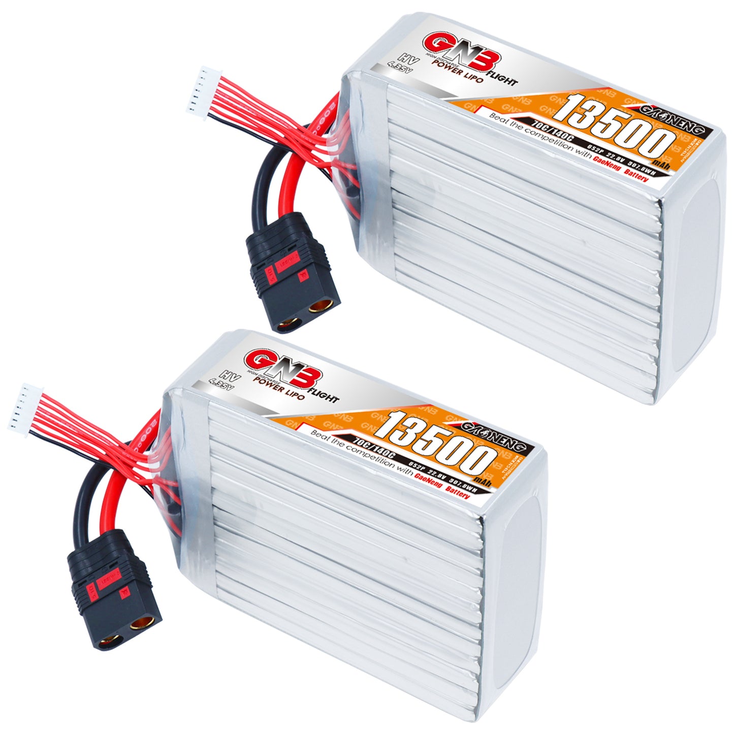 Two GNB 13500mAh HV LiPo battery packs shown side by side with QS8 connectors and balance leads