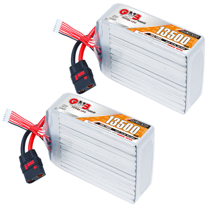Two GNB 13500mAh HV LiPo battery packs shown side by side with QS8 connectors and balance leads