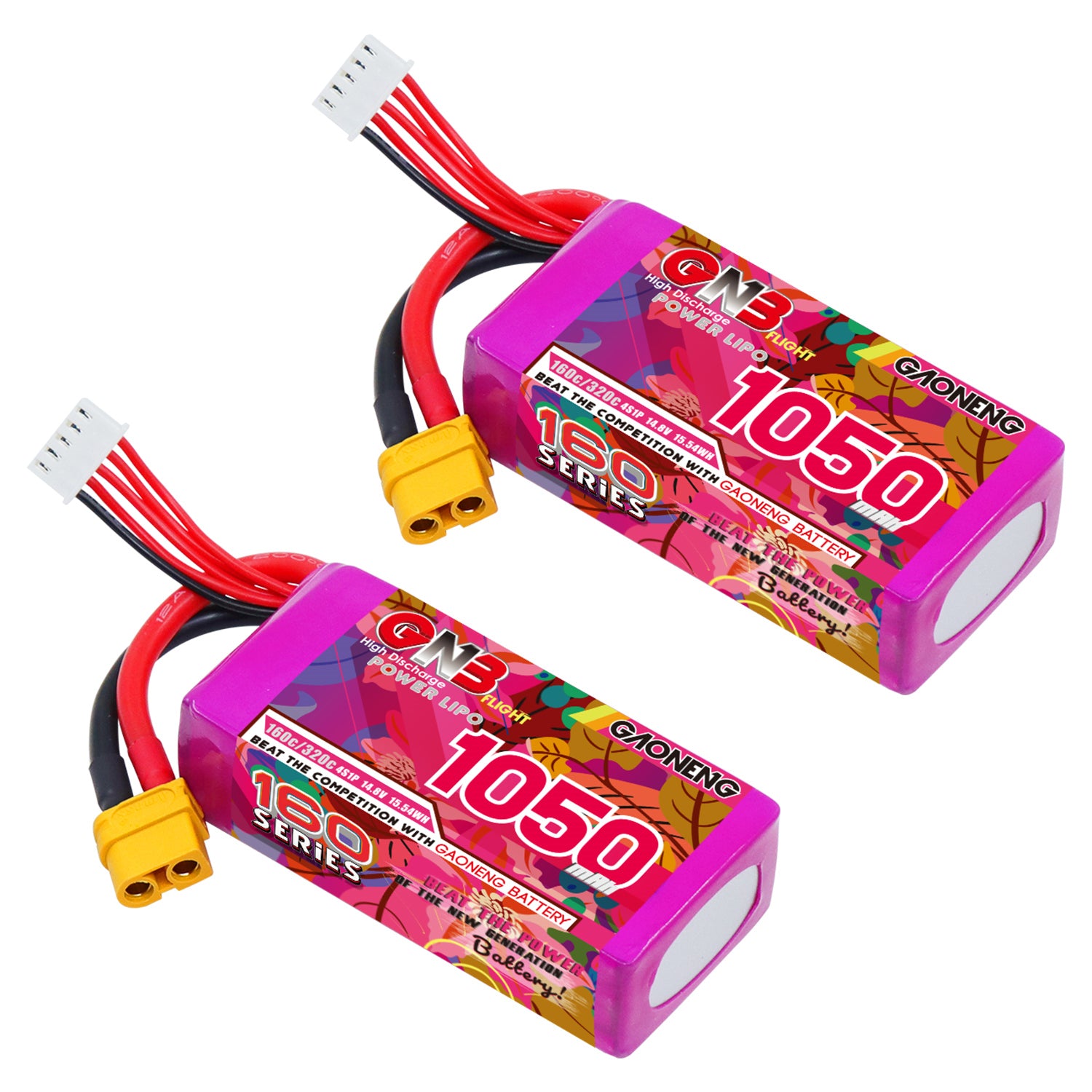 GAONENG GNB 1050mAh 4S 14.8V 160C LiPo batteries with XT60 connector and balance lead, 2-pack