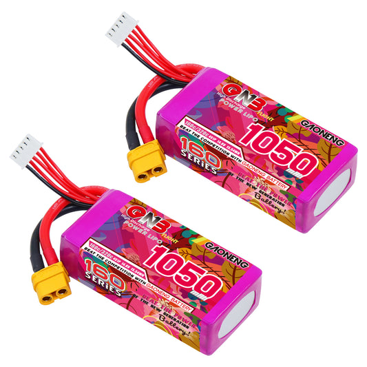 GAONENG GNB 1050mAh 4S 14.8V 160C LiPo batteries with XT60 connector and balance lead, 2-pack
