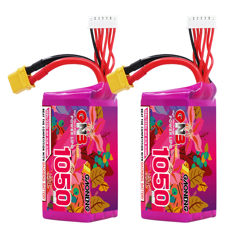Two GAONENG GNB 1050mAh LiPo batteries with XT60 lead and 6S balance plug, purple wrap