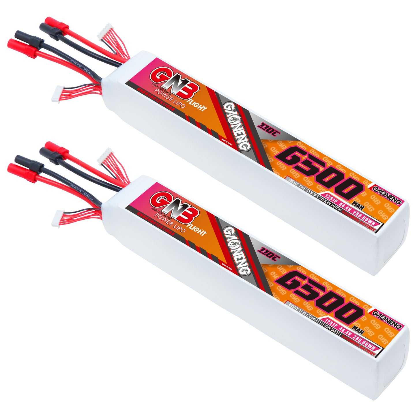 Two GNB 6500mAh 12S LiPo batteries shown side by side with discharge leads and balance connectors