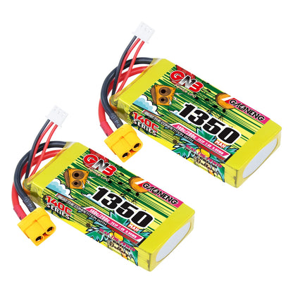 GAONENG GNB 2S 7.4V 1350mAh 140C XT60 LiPo battery pair, yellow packs with balance leads