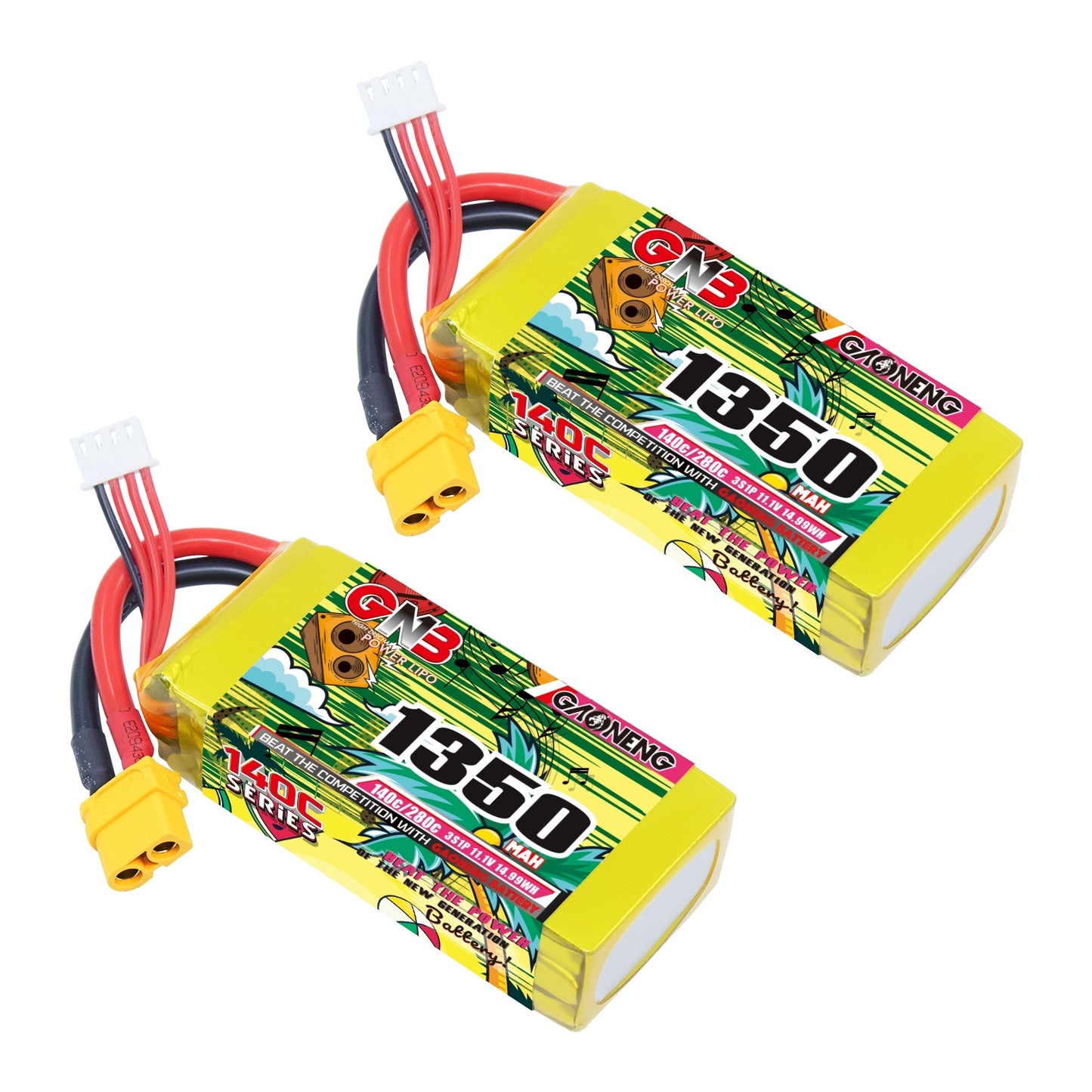 Two GAONENG GNB 1350mAh LiPo batteries with XT60 lead and balance connector