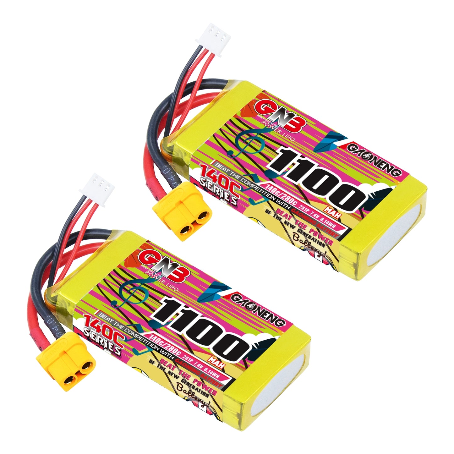 GAONENG GNB 2S 7.4V 1100mAh 140C XT60 LiPo battery, two-pack view with balance leads