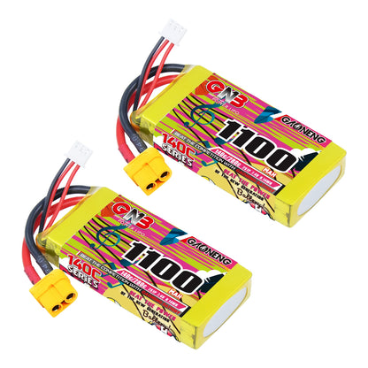 GAONENG GNB 2S 7.4V 1100mAh 140C XT60 LiPo battery, two-pack view with balance leads