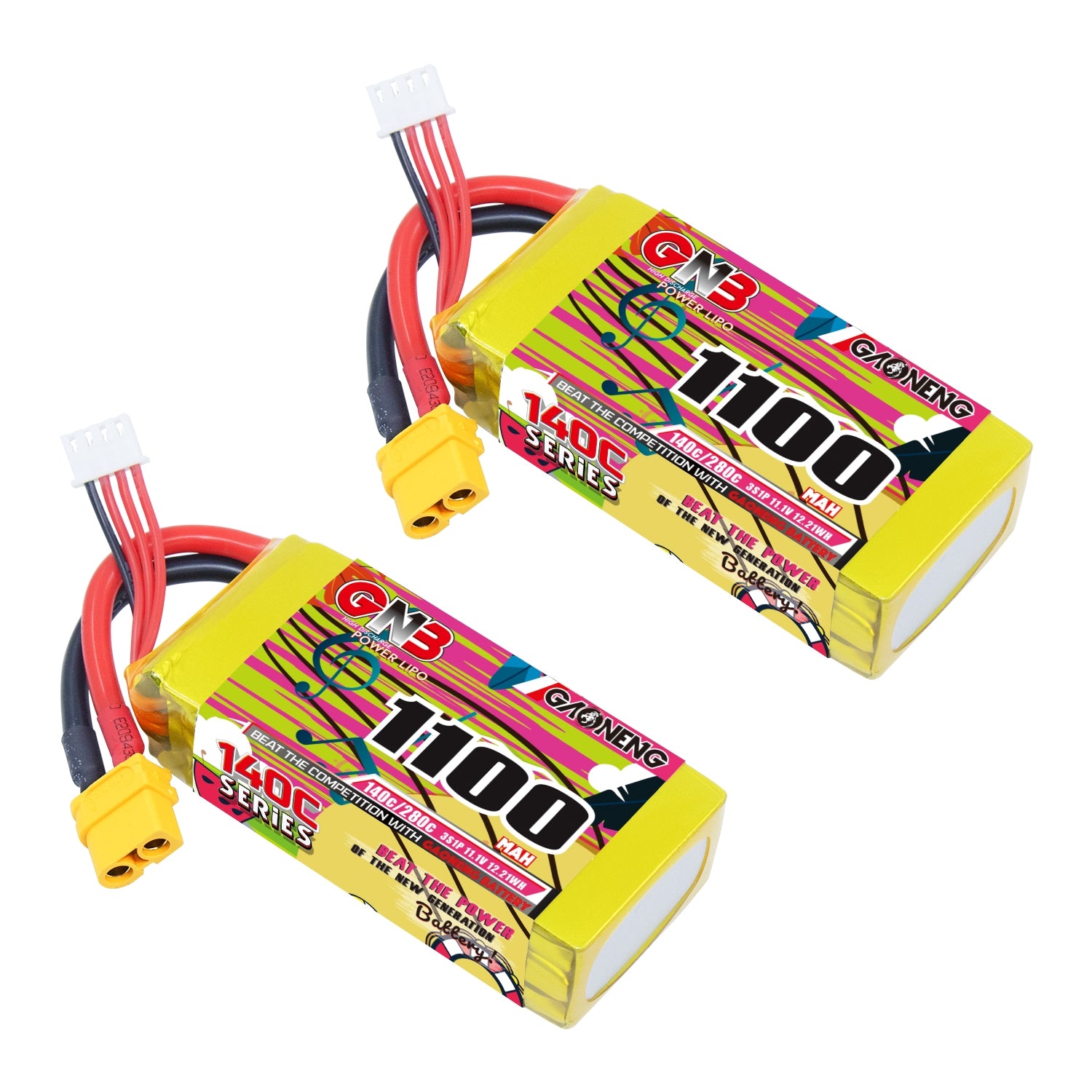 GAONENG GNB11003S140A 3S 11.1V 1100mAh 140C LiPo batteries with XT60 and balance lead, 2-pack view