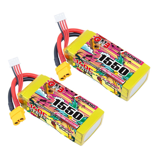 GAONENG GNB 3S 11.1V 1550mAh 140C LiPo battery pair with XT60 plug and balance lead