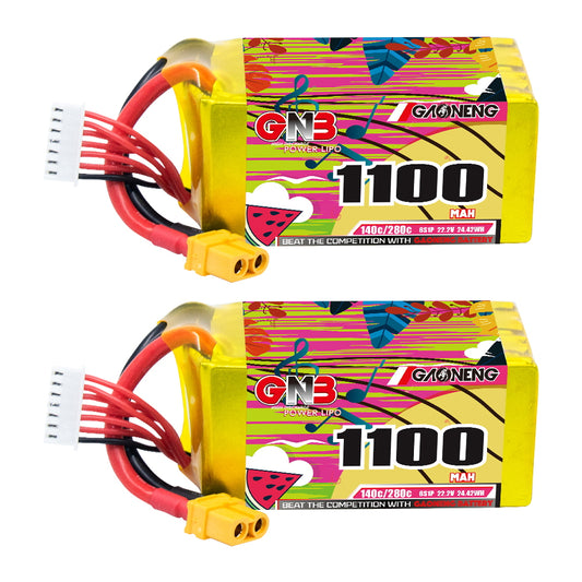 GAONENG GNB11006S140A 6S 1100mAh 140C XT60 LiPo battery, two-pack view with balance lead