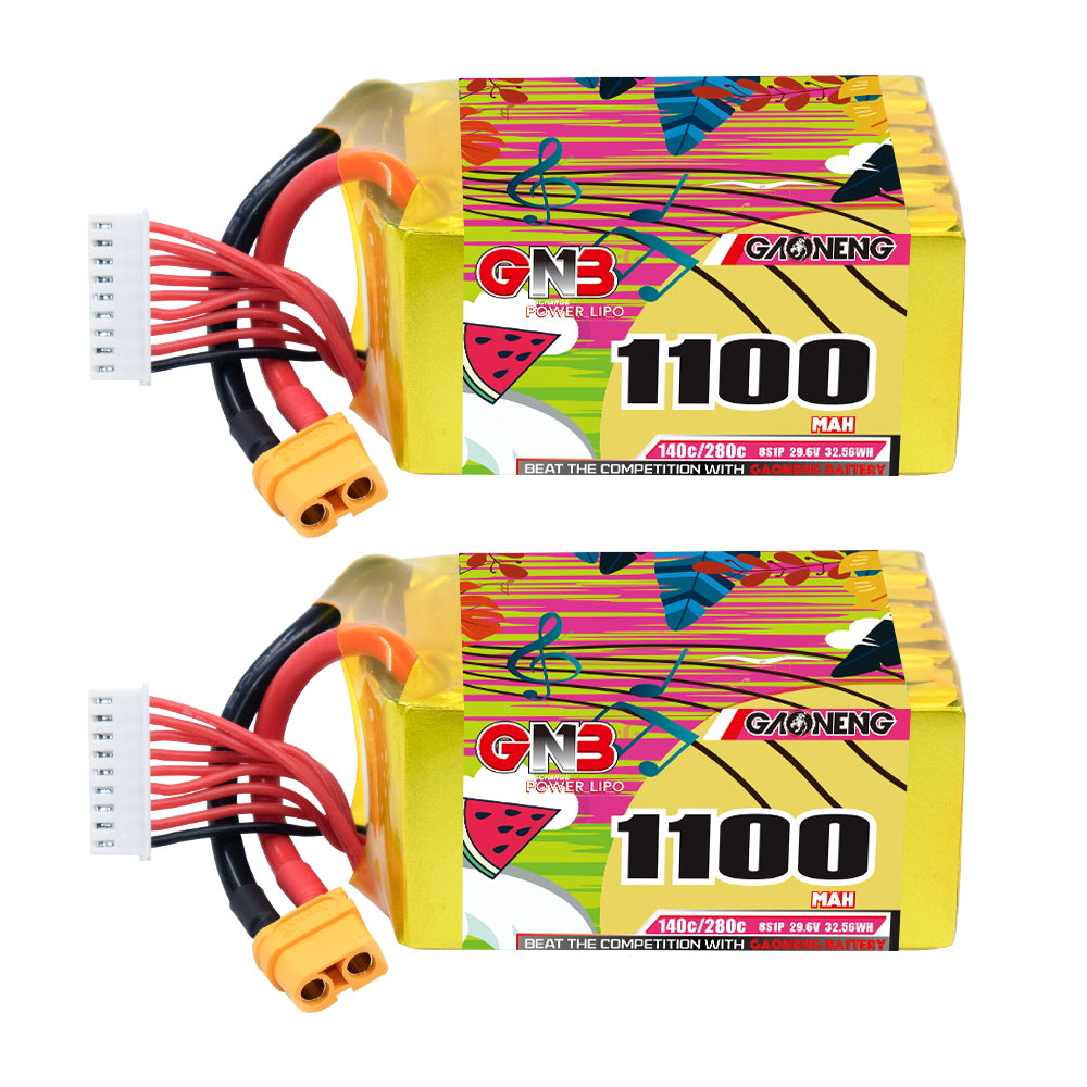 GAONENG GNB11008S140A 8S 1100mAh 140C graphene LiPo battery with XT60 and balance lead, 2-pack view