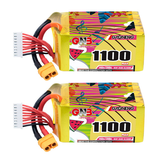 GAONENG GNB11008S140A 8S 1100mAh 140C graphene LiPo battery with XT60 and balance lead, 2-pack view