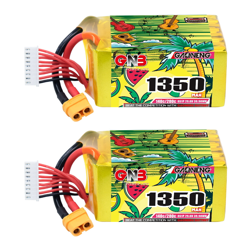 GAONENG GNB 8S 1350mAh 140C graphene LiPo battery with XT60 lead and balance plug, two-pack view