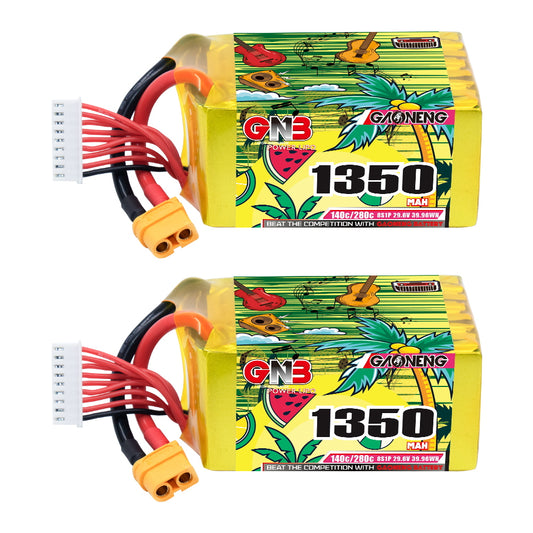 GAONENG GNB 8S 1350mAh 140C graphene LiPo battery with XT60 lead and balance plug, two-pack view