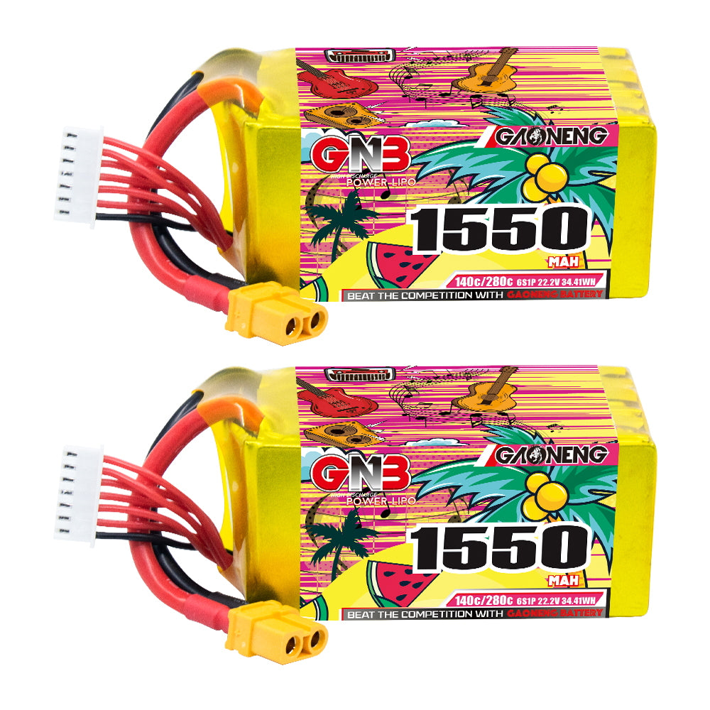 GAONENG GNB15506S140A 6S 22.2V 1550mAh 140C XT60 graphene LiPo battery, side view with balance lead