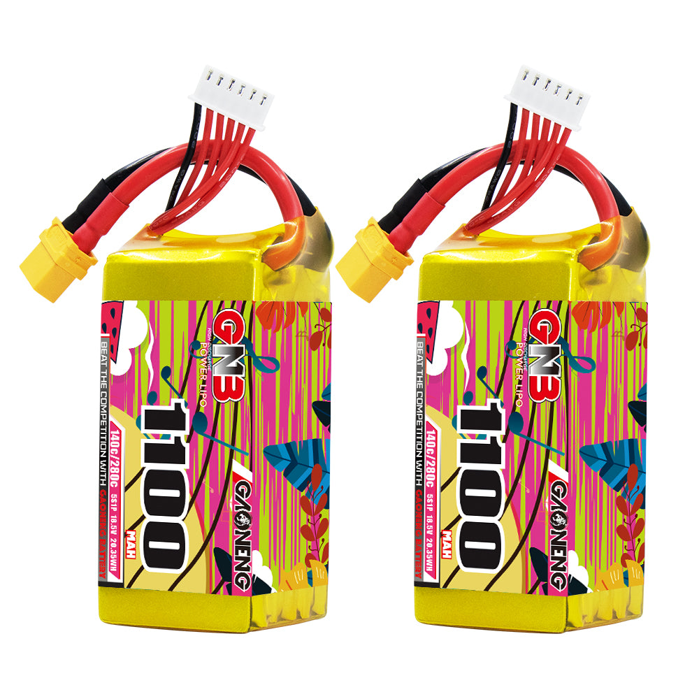 GAONENG GNB 5S 1100mAh 140C XT60 LiPo battery pair, front view with balance lead