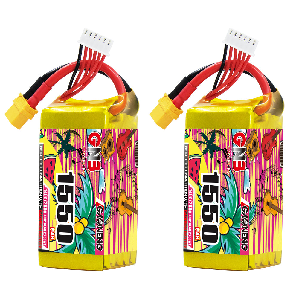 GAONENG GNB15505S140A 5S 1550mAh 140C graphene LiPo battery with XT60 lead, two-pack view