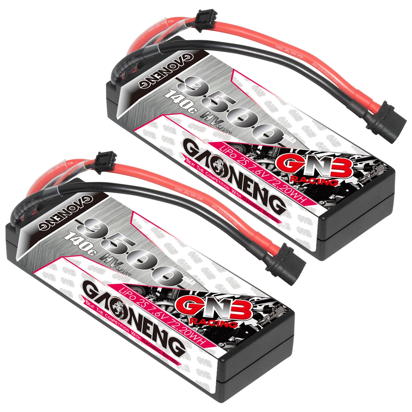 GAONENG GNB 9500mAh 2S 7.6V LiHV hard case LiPo battery shown with two units