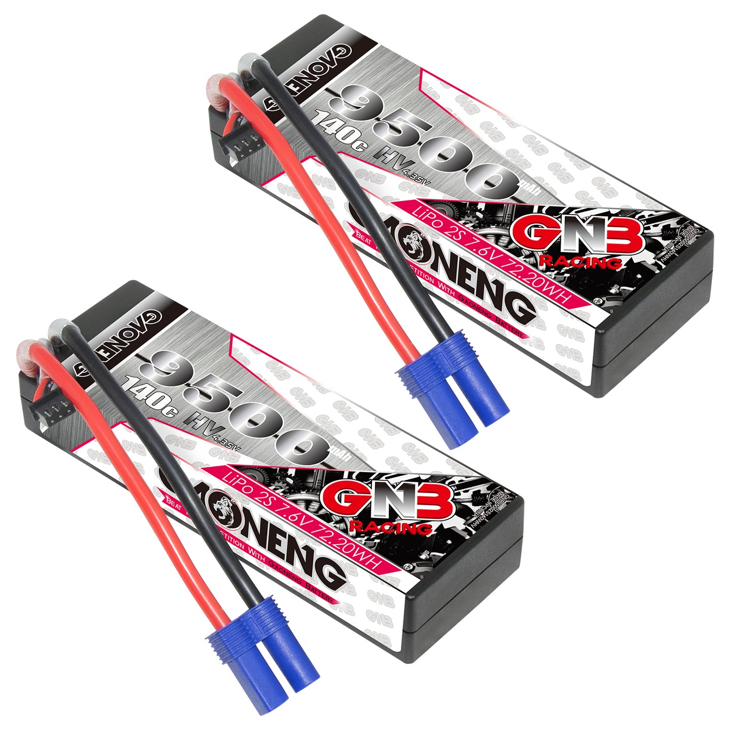 Two GAONENG GNB 2S 7.6V LiHV 9500mAh 140C hard-case LiPo batteries with EC5 connectors