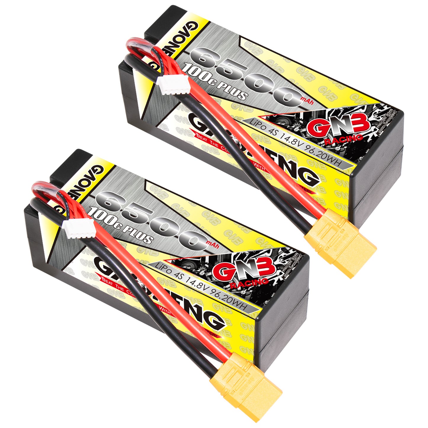 Two GNB 6500mAh 4S 100C hard case LiPo batteries with XT90 leads, angled view