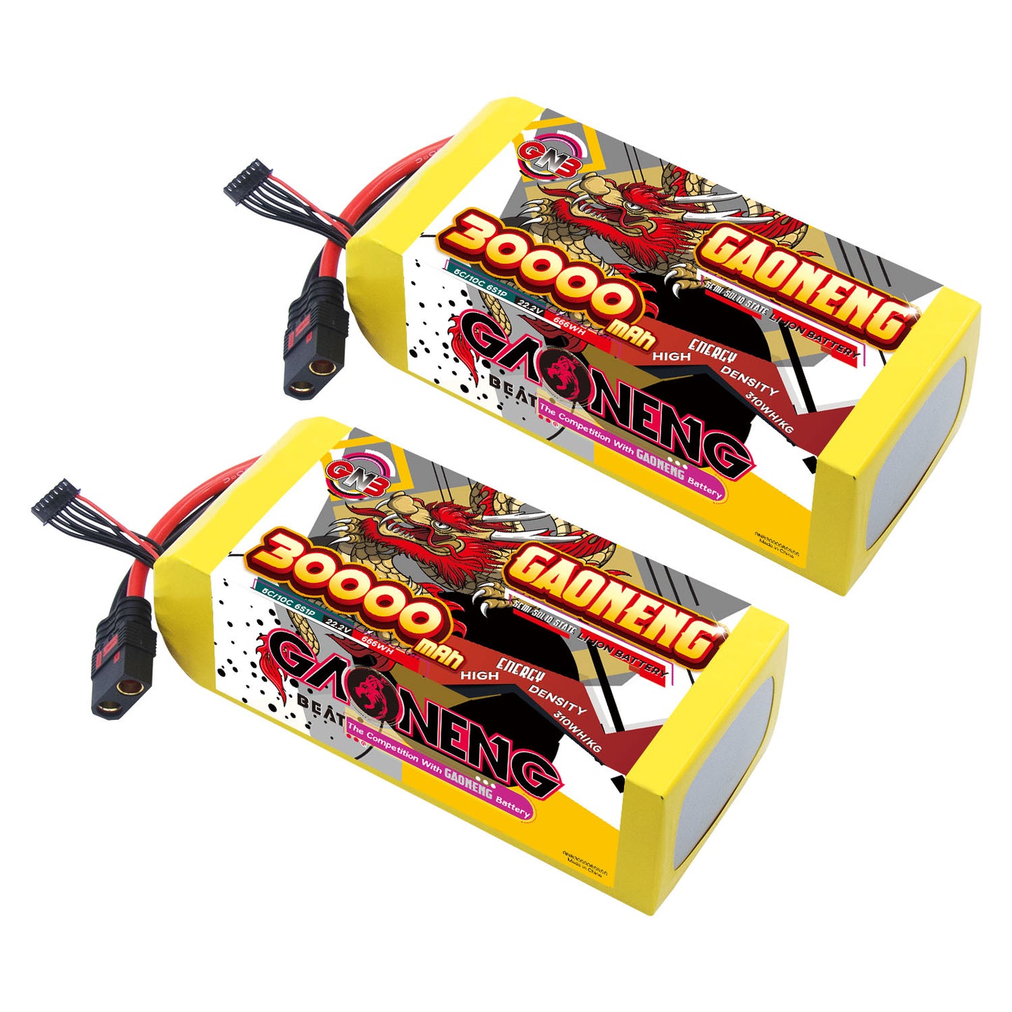 Two GAONENG GNB 30000mAh 6S Li-ion battery packs with QS8 connectors, product pair display