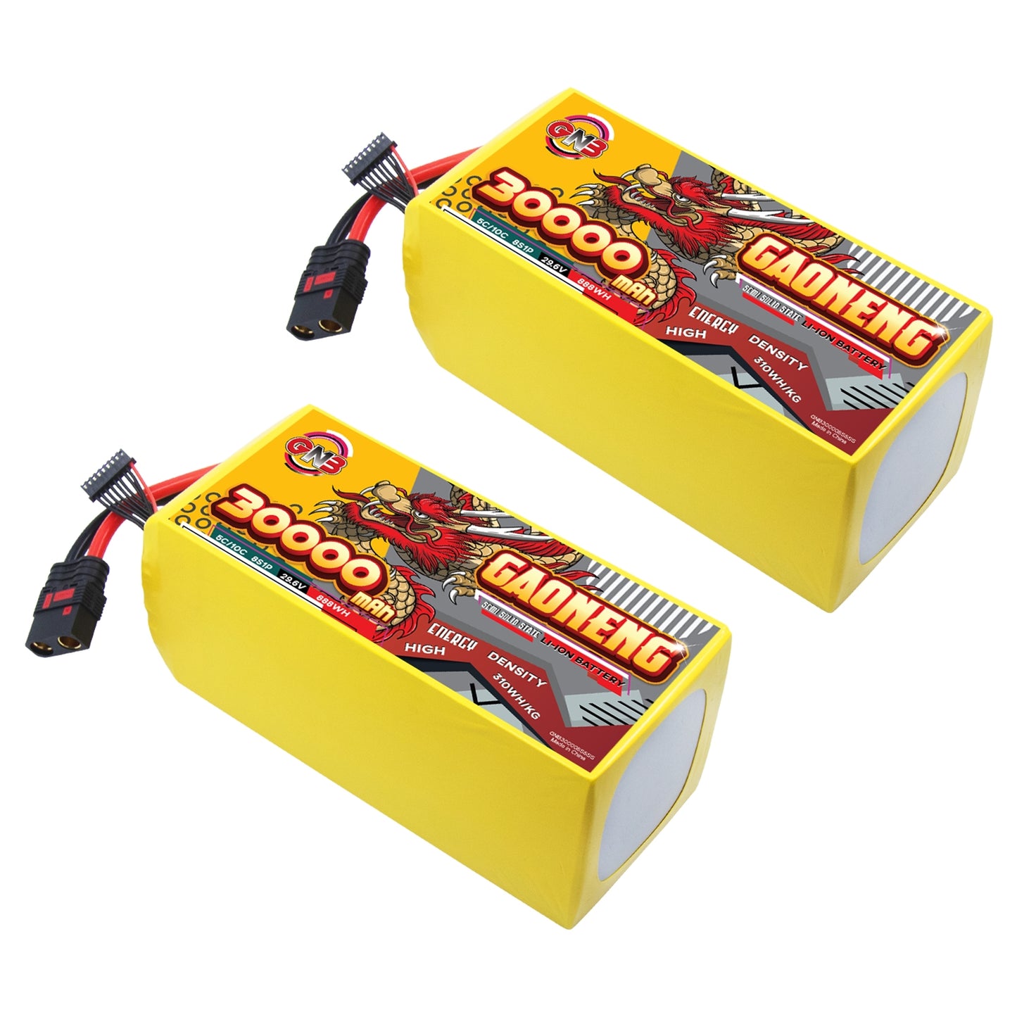 Two GAONENG GNB 30000mAh 8S battery packs shown together, yellow wrap with QS8-style discharge leads